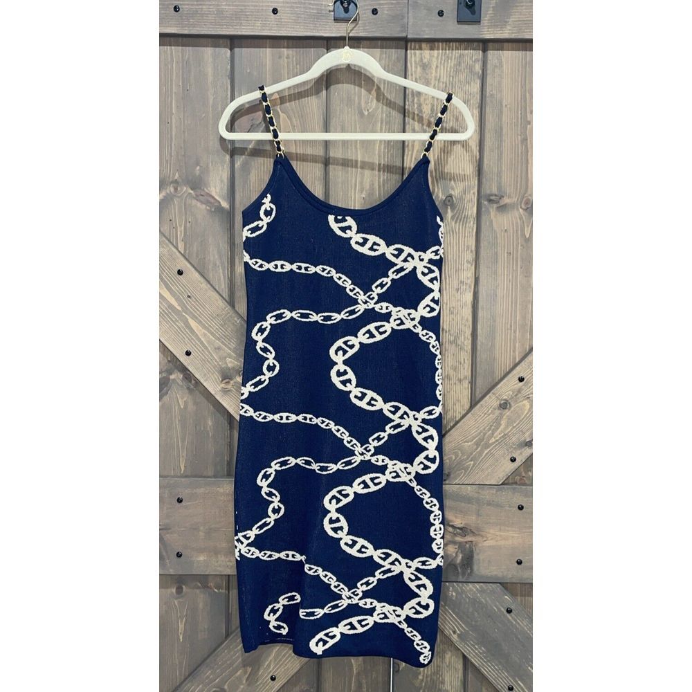 Adrienne Vittadini Knit Sheath Dress Chain Jacquard Spaghetti Strap Women's M‎